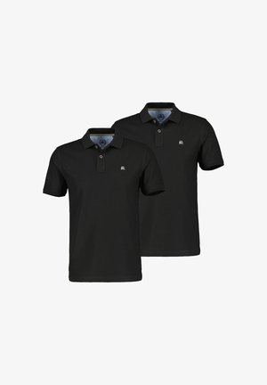 Two black short-sleeve polo shirts with collars and button plackets, each featuring a small embroidered logo on the left chest.