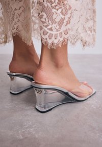 Prozirne cipele na platformu s prozirnim plastičnim gornjim dijelom, srebrnim detaljima i zakrivljenim dizajnom. Potplat je crn s glatkim, sjajnim završetkom.