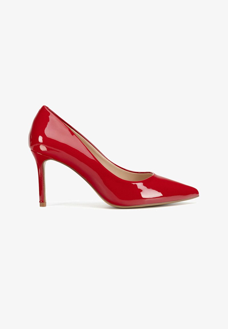 Glossy red high-heeled pump with pointed toe and slim heel, shown from the side on a white background.