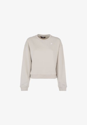 Light gray cropped sweatshirt with long sleeves, a round neckline, ribbed cuffs and hem, featuring a small white logo on the chest.