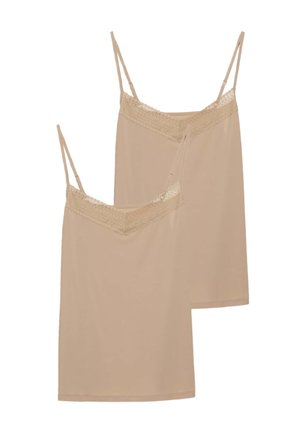 Två beige linnen med justerbara spaghettiband. Har en dekorativ spetskant längs halslinningen, mjukt tyg och en enkel design.