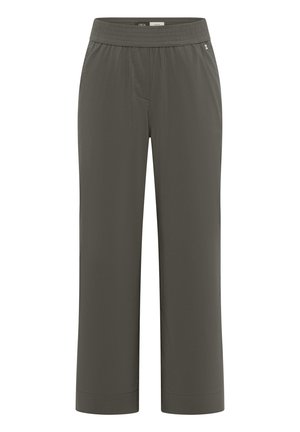 Pantalon large vert olive avec ceinture élastique, poches latérales et ourlets retroussés.