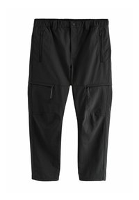 Schwarze leichte Hose mit elastischem Bund, zwei seitlichen Reißverschlusstaschen und zwei Reißverschluss-Cargotaschen. Glatte Textur und gerade Schnittführung.