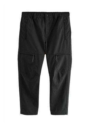 Black lightweight pants with an elastic waistband, two zippered side pockets, and two zippered cargo pockets. Smooth texture and straight cut.