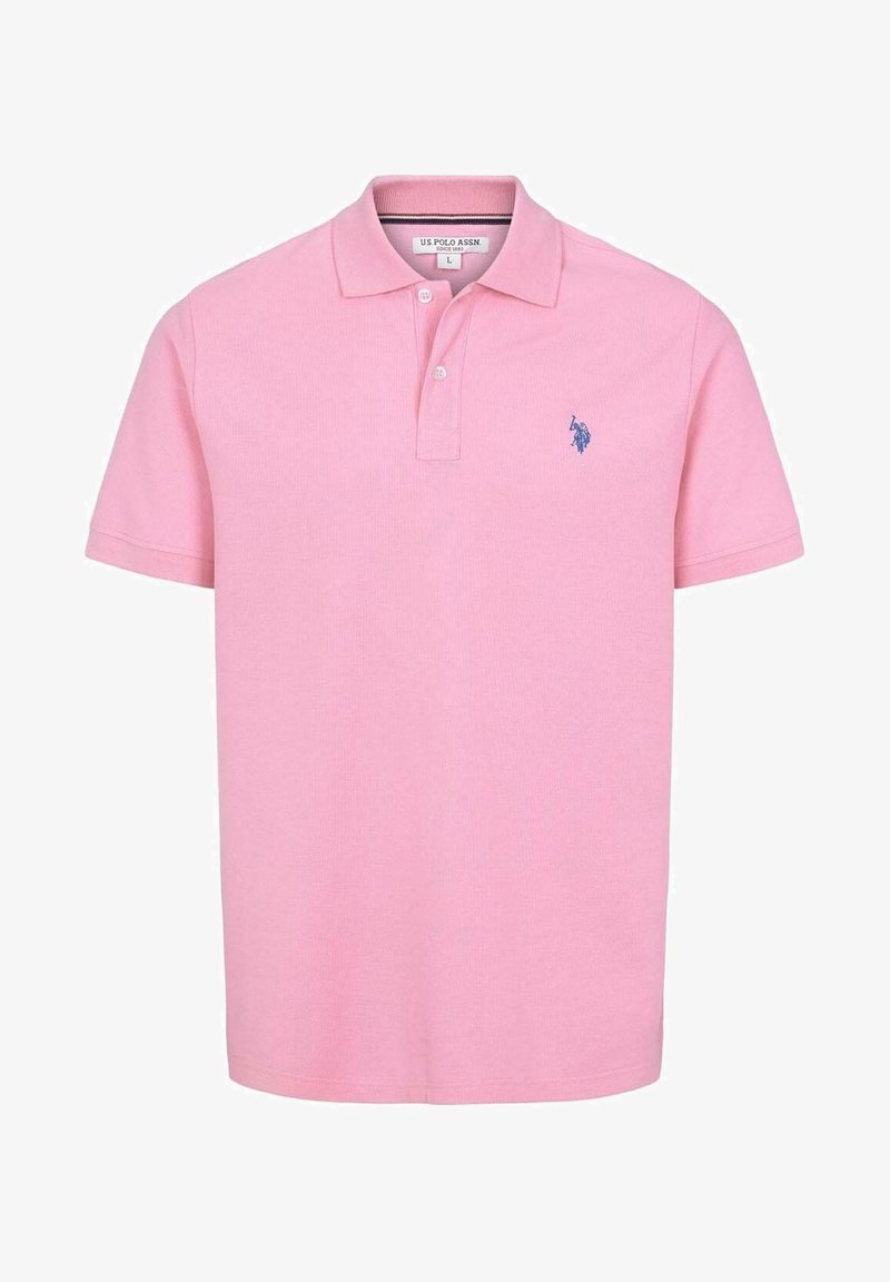 Polo rose pour homme avec manches courtes, patte de boutonnage à deux boutons, col et petit logo bleu brodé sur la poitrine.