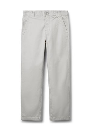 Hellgraue Hose mit geradem Bein, Vordertaschen, Knopfverschluss, Gürtelschlaufen und dezenten Nähten.