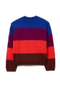 Gestreifter Strickpullover mit horizontalen Bändern in Blau, Lila, Orange und Braun. Verfügt über einen runden Halsausschnitt sowie gerippte Bündchen und Saum.