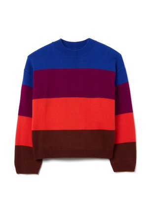 Gestreifter Strickpullover mit horizontalen Bändern in Blau, Lila, Orange und Braun. Verfügt über einen runden Halsausschnitt sowie gerippte Bündchen und Saum.
