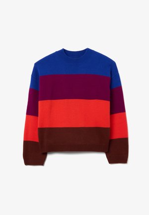 Maglione a righe lavorato a maglia con bande orizzontali blu, viola, arancione e marrone. Presenta un collo rotondo e polsini e orlo a coste.