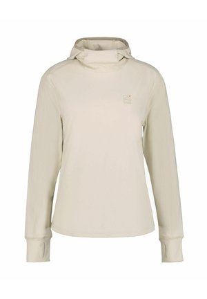 Beige lange mouw hoodie met duimgaten en een klein berglogo op de linkerborst.