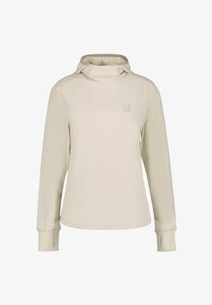 Pull à capuche beige à manches longues avec des trous pour les pouces et un petit logo de montagne sur le côté gauche de la poitrine.