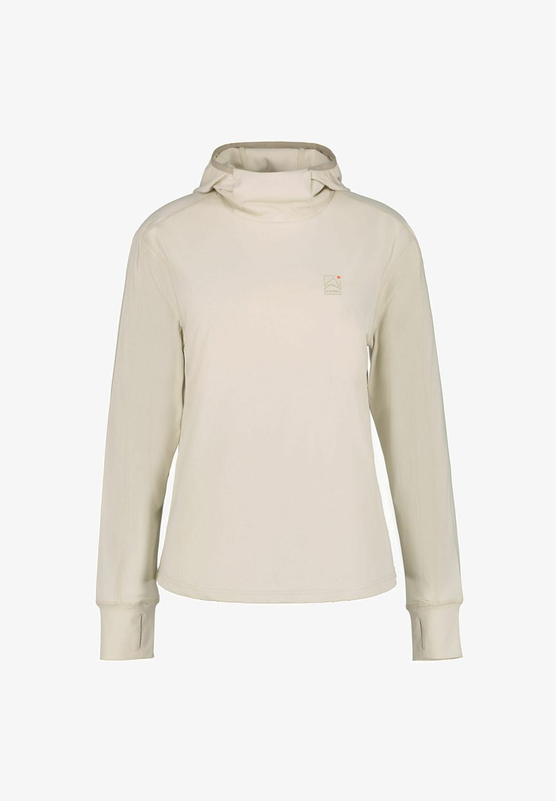 Pull à capuche beige à manches longues avec des trous pour les pouces et un petit logo de montagne sur le côté gauche de la poitrine.