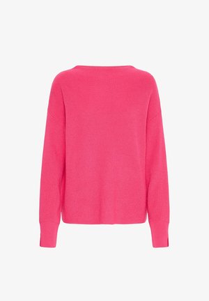 Fuksia pletena pulover z ohlapnim krojem, širokim dekoltejem in rebrastimi manšetami. Njegova tekstura je mehka in nekoliko ohlapna, v enotni barvi.