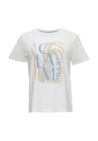Biała bawełniana koszulka T-shirt o luźnym kroju, z abstrakcyjnym beżowo-niebieskim motywem tekstowym, na którym napisano "CALM MOOD". Miękka tekstura, okrągły dekolt.