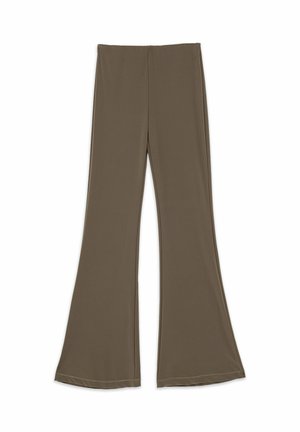 Pantalon marron évasé en tissu doux avec une texture lisse. Doté d'une taille haute et de coutures nettes le long des bords.