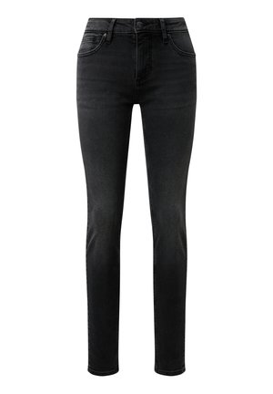 Zwarte skinny jeans van denim, voorzien van een klassiek ontwerp met vijf zakken, knoopsluiting en subtiele stikseldetails. Gladde textuur over het hele oppervlak.