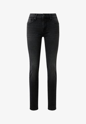 Zwarte skinny jeans van denim, voorzien van een klassiek ontwerp met vijf zakken, knoopsluiting en subtiele stikseldetails. Gladde textuur over het hele oppervlak.