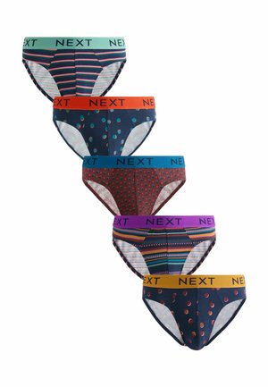 Öt férfi alsónadrág pár különféle csíkos és pöttyös mintázattal, mindegyiken egyedi színű derékpánttal, amelyen a "NEXT" felirat látható.