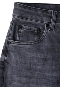 Donkergrijze denim jeans met een slim fit, voorzien van vijf zakken, metalen knopen en een subtiele textuur. Donkere stiksels accentueren het ontwerp.