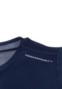 Navy blue athletic top made of textured material with a zip closure. Features white “SWEDEMOUNT™” logo and contrasting inner lining.