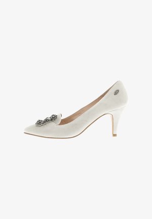 White suede pointed-toe high heel shoe with mid-height heel and decorative jeweled embellishments on toe and side.