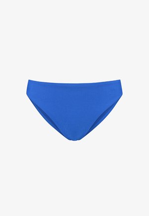 Blue bikini bottom made of textured fabric, featuring a slightly high-cut design and smooth edges. No additional patterns or hardware.