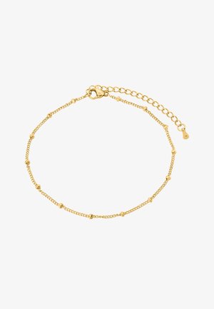 Bracelet en chaîne dorée avec de petites perles rondes le long d'une chaîne délicate, équipé d'un fermoir à ressort et d'une chaîne d'extension ajustable.