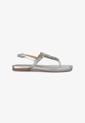 Zilverkleurige metallic sandalen met een thong ontwerp, voorzien van decoratieve versieringen en een enkelbandje. Platte zool met een lichte textuur.