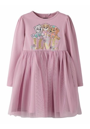 Lyserød langærmet kjole til småbørn med tylskørt, med tre animerede hvalpe over glitterende gyldent "LOVE"-tekst og små blomsterdetaljer.