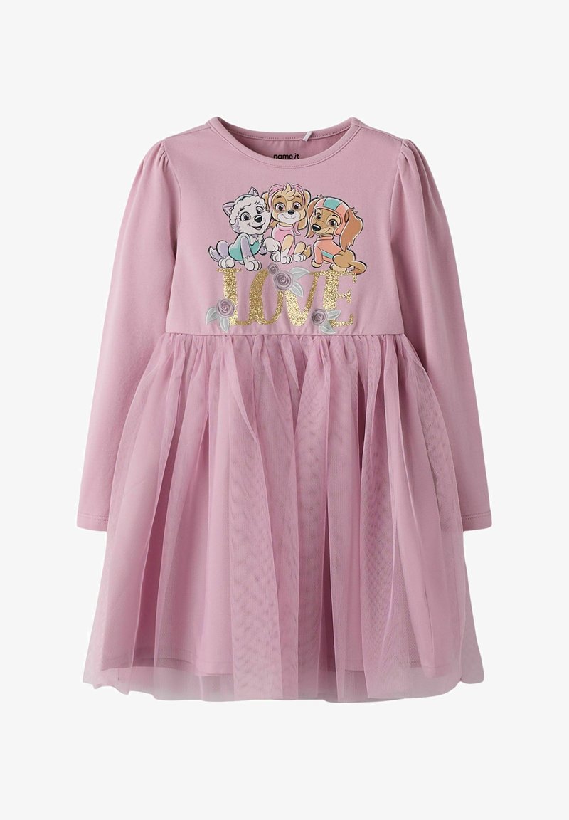 Robe rose manches longues pour tout-petit avec jupe en tulle, ornée de trois chiots animés au-dessus du texte "LOVE" doré pailleté et de petits accents floraux.