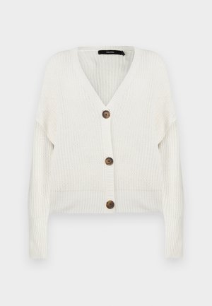 Off-white strikket cardigan med V-hals, lange ermer og tre brune knapper foran. Har et kort design og ribbet kant.