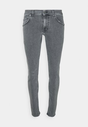 Slim Fit graue Denim-Jeans mit vorderem Knopf und Reißverschluss, vorderen und kleinen Münztaschen sowie sichtbaren Nähten.