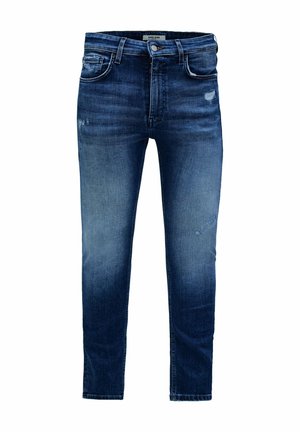 Jeans in denim blu scuro con una vestibilità slim, aree scolorite e dettagli leggermente usurati. Presentano cinque tasche e chiusura con bottone.