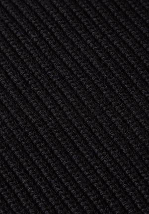 Black knitted fabric featuring a ribbed texture with visible stitches, providing a dense, cozy appearance. Uniform in color with no patterns.