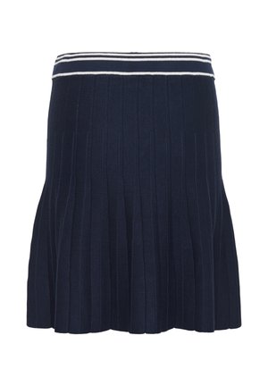 Námořnická plisovaná sukňa s žebrovanou texturou a bílým pruhovaným pasem. Design zahrnuje vertikální pruhy a vykrojený spodní okraj.
