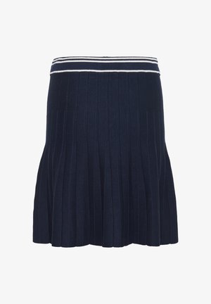 Námořnická plisovaná sukňa s žebrovanou texturou a bílým pruhovaným pasem. Design zahrnuje vertikální pruhy a vykrojený spodní okraj.