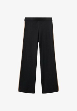 Pantalones negros de pierna ancha hechos de tela suave, con franjas laterales beige contrastantes y una cintura elástica para mayor comodidad.