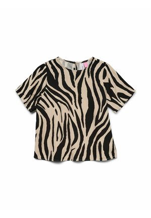 Krátký rukáv halenka s černo-béžovým zebrovým potiskem, kulatým výstřihem a zapínáním na zip na zádech.