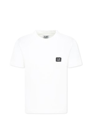 T-shirt bianca in cotone con collo rotondo e maniche corte, caratterizzata da un piccolo logo quadrato nero nella parte sinistra del petto.