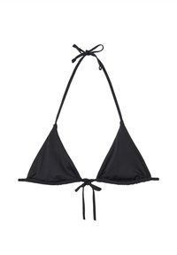 Top bikini triangolo nero realizzato in tessuto liscio, dotato di lacci regolabili al collo e sulla schiena. Design semplice senza ulteriori motivi.