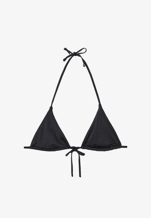 Czarny trójkątny top bikini wykonany z gładkiego materiału, z regulowanymi wiązaniami na szyi i plecach. Prosty design bez dodatkowych wzorów.