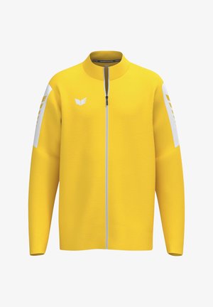 Yellow full-zip jacket with white stripes on sleeves and a white logo on the chest, featuring a round collar and a front zipper.