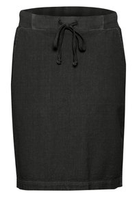 Falda negra con cintura ajustable mediante cordón, confeccionada con tela texturizada. Presenta un corte recto y dobladillo cosido. Diseño simple y funcional.