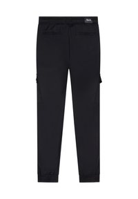 Schwarze Cargo-Hosen mit einem Zugbandbund, elastischen Bündchen und Seitentaschen. Hergestellt aus strapazierfähigem, leichtem Material. Sauberes Design.