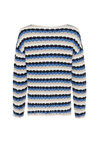Strickpullover mit einem wellenförmigen Streifenmuster in Blau, Beige und Schwarz. Mit langen Ärmeln, runder Halslinie und strukturiertem Stoff.