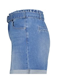 Leren shorts in lichtblauw met een rafelige tailleband, zijzakken en een opgerolde zoom. Soepele textuur met een klassiek pasvormontwerp.