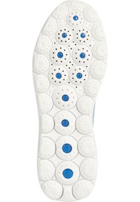 Witte schoenzool met circulaire patronen en blauwe accentstippen, ontworpen voor ademend vermogen met perforaties en een getextureerd oppervlak.