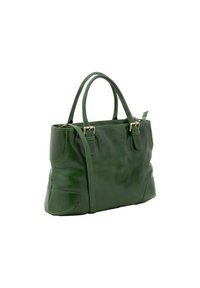 Groene leren handtas met twee bovenhandvaten, gladde textuur, gestructureerde vorm, subtiele stikdetails en een ritsafsluiting.