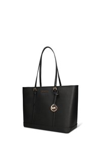 Zwarte draagtas gemaakt van synthetisch materiaal met een geperste structuur. Heeft dubbele handvatten, een gouden logo-accent en een gestructureerde rechthoekige vorm.