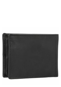 Black leather wallet with a smooth texture, bi-fold design, and visible stitching. Features multiple card slots and a compact profile.